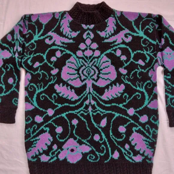 Vintage Carriage Court Sweater Black Purple Blue Scroll Retro Women's Large - Picture 4 of 12